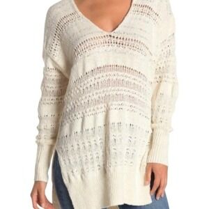 Free People Ivory Open Knit V-Neck Sweater Oversized Side Slit Pullover Large